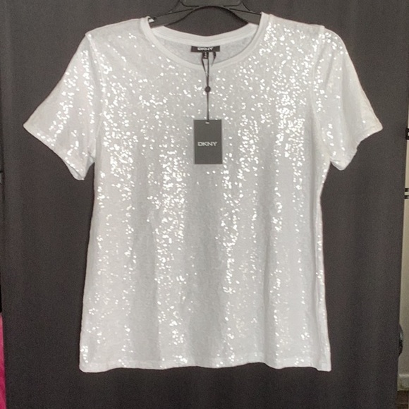 DKNY NWT WOMENS WHITE SEQUENCE T SHIRT TOP MEDIUM SPARKLING - Picture 3 of 9